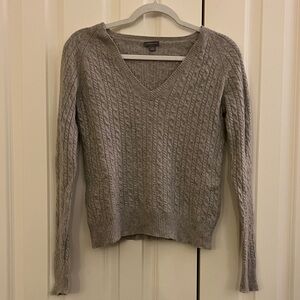 Ann Taylor Light Gray Cable Knit V-Neck Sweater